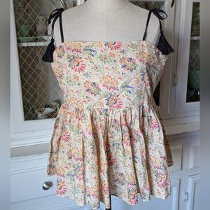 Women’s Floral Tie-Shoulder Peplum Top - Cream Multicolor